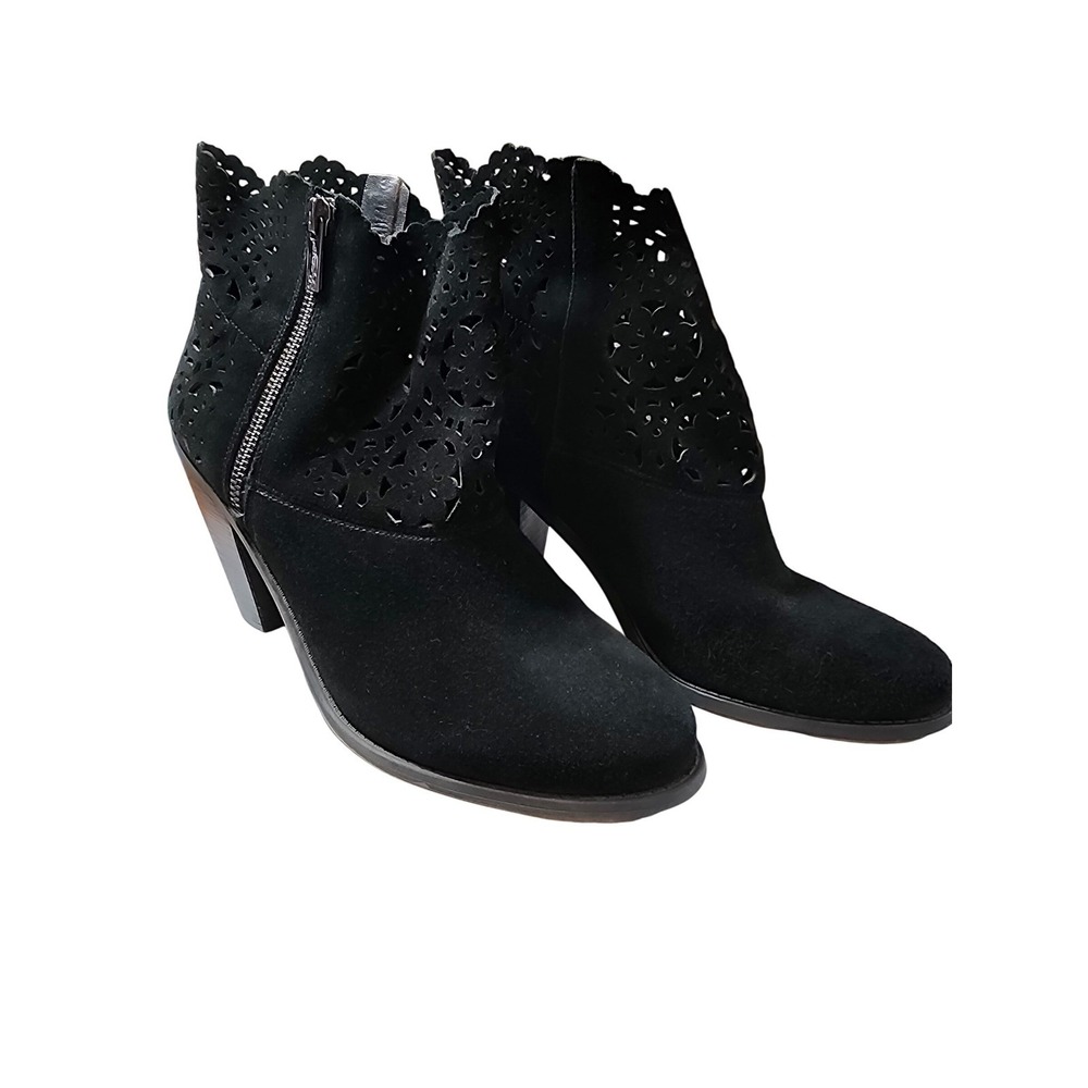 Jessica Simpson Black Suede Laser Cut Ankle Booties Block Heel Zip Up Women's